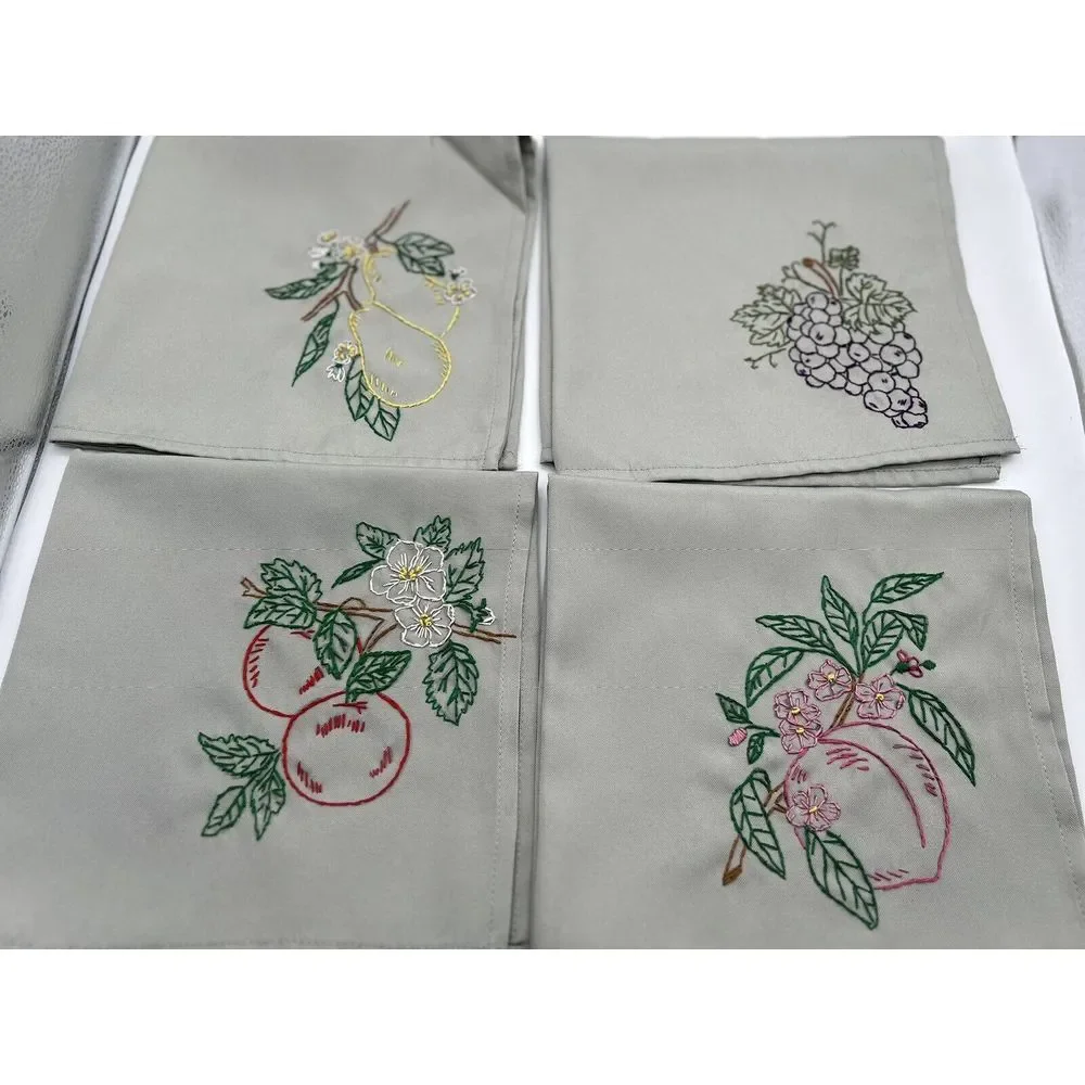 4 Hand Embroidery Table Napkins Fruit  Theme Peach Cherry Grape Pear‎ Kitchen